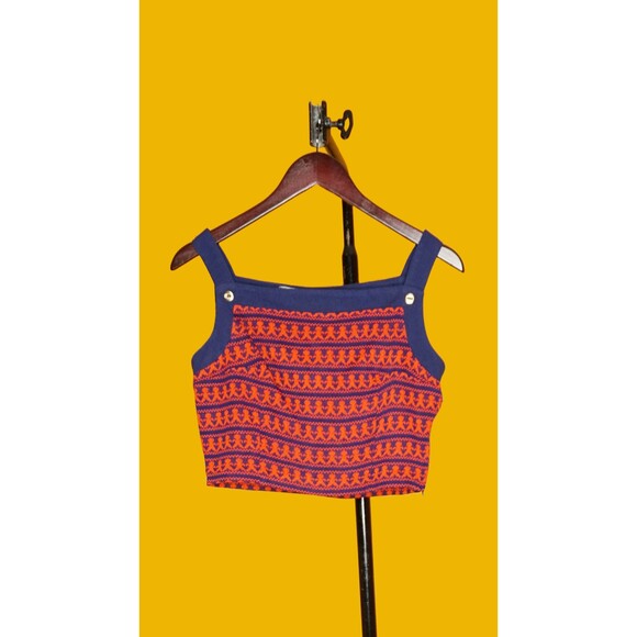 1960s-1970s LANZ People Print Crop Top NOVELTY KISTCH Blue & Red Blouse. XS - Picture 2 of 10